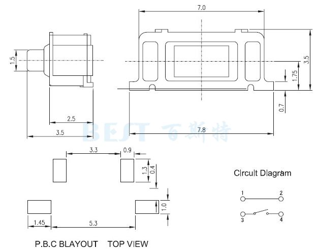 3.5*7側(cè)按輕觸開關(guān)規(guī)格圖紙