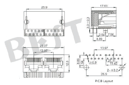 RJ45插座5621 10P8C 1X2參考圖紙